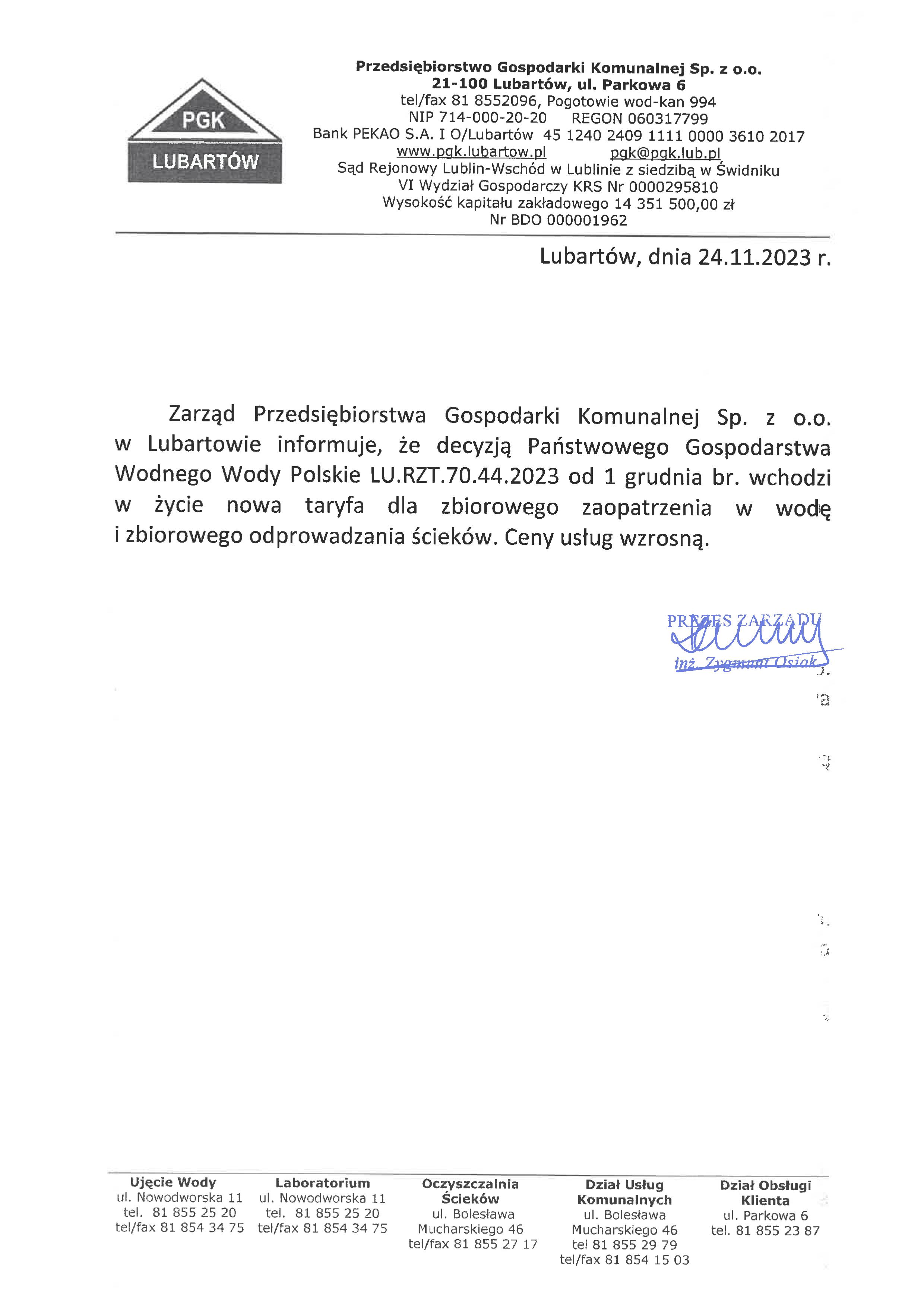 Informacja dotycząca zmiany taryfy