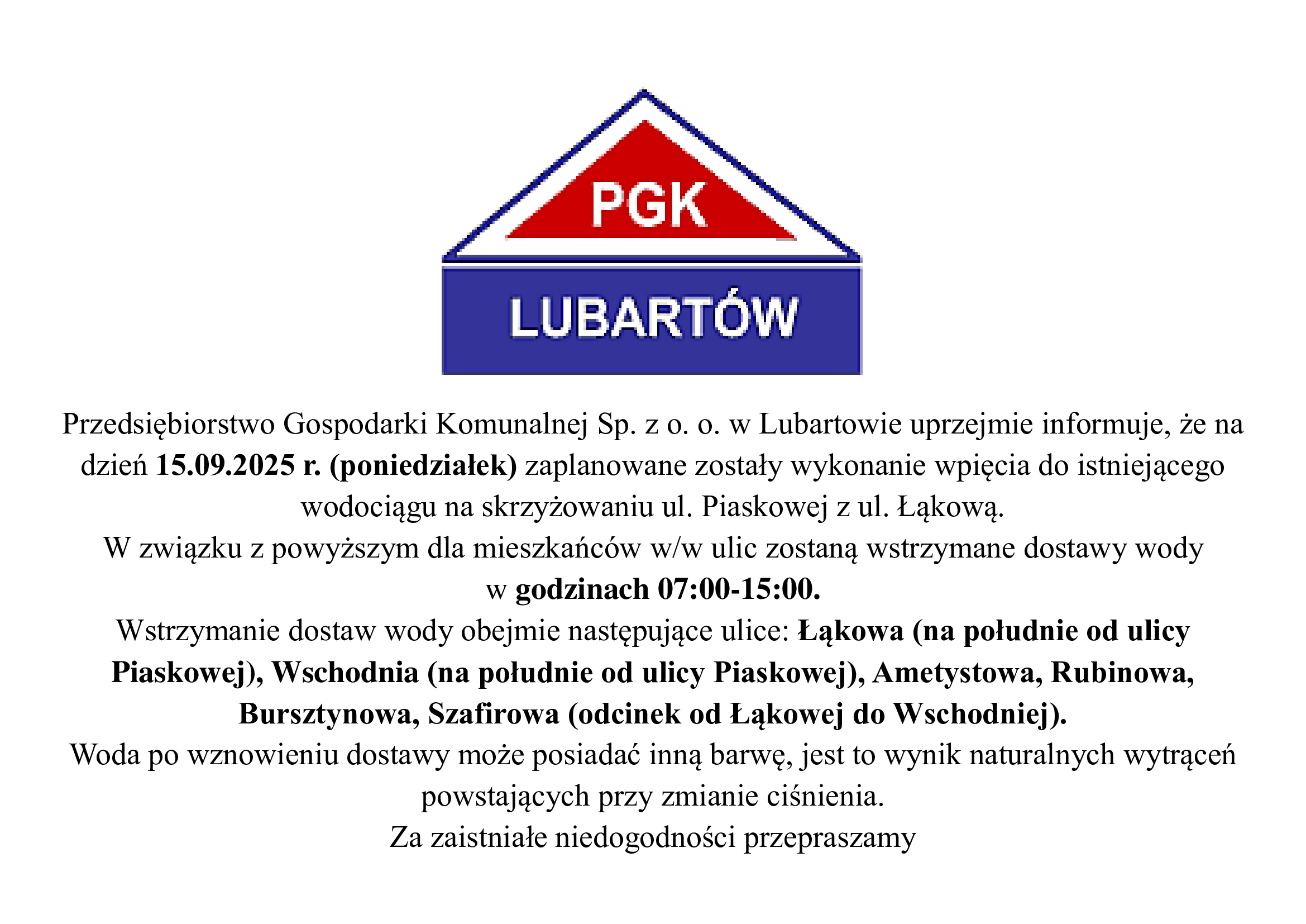 15.09.2025 - wstrzymanie dostaw wody